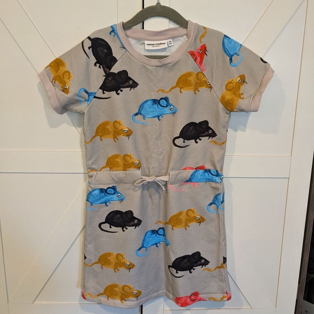 Mini Rodini Colorful Mice Tee Dress Gray Girls 116/122 US 6-7 Organic